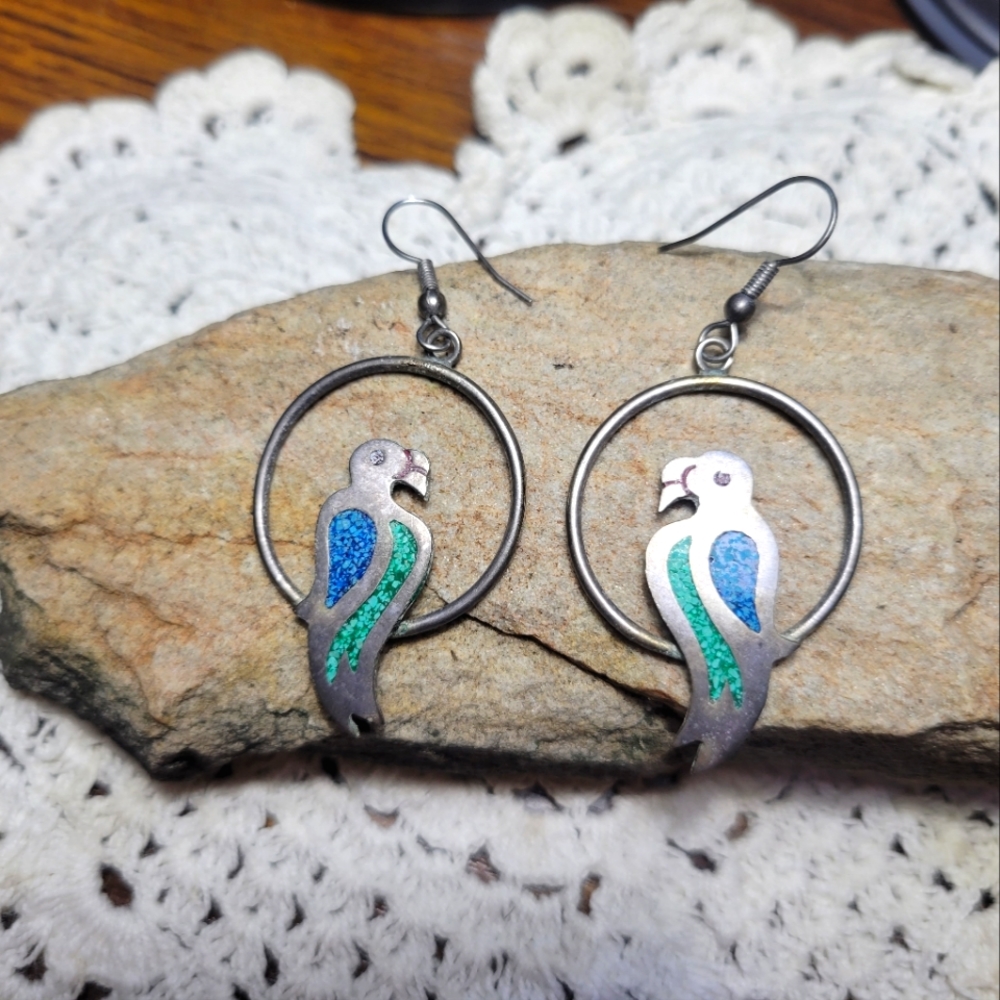 Parrot Drop Earings Silver and Turquoise inlay - Vintage